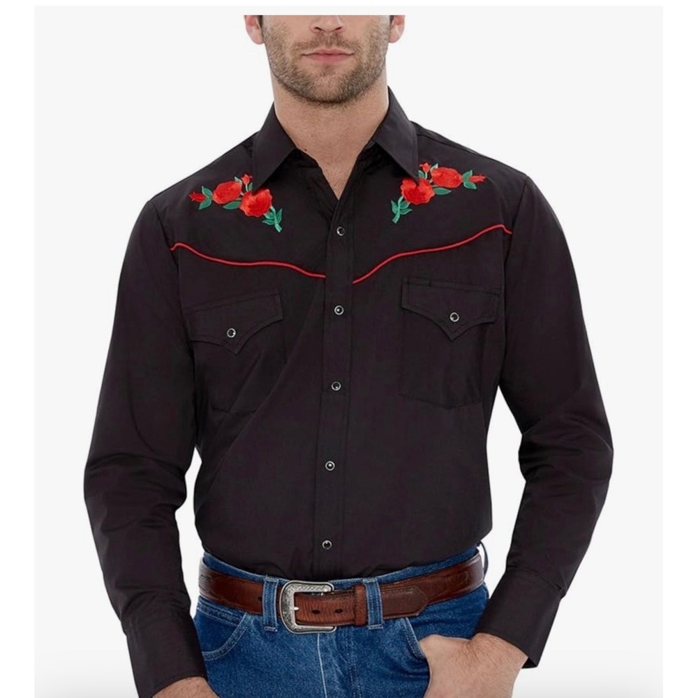 NEW Ely Cattleman Pearl Snap  Western Shirt Small Black Red Rose Embroidered